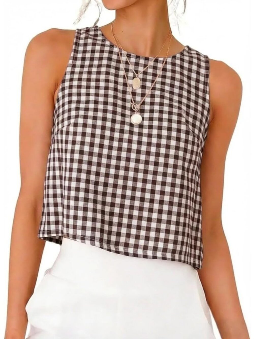 Women's Coffee 100% Cotton Crew Neck Spring Summer Sleeveless Gingham Tank Tops